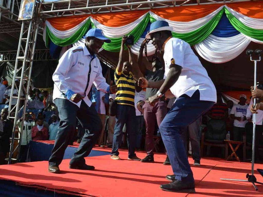 NASA leader Raila Odinga and his running mate Kalonzo Musyoka during a past political rally at Voi. /RAPHAEL MWADIME