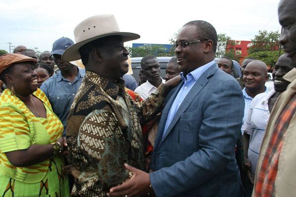 Former Prime Minister Raila Odinga (left) with Nairobi Governor Evans Kidero in Kisumu on Saturday. Photo/FILE