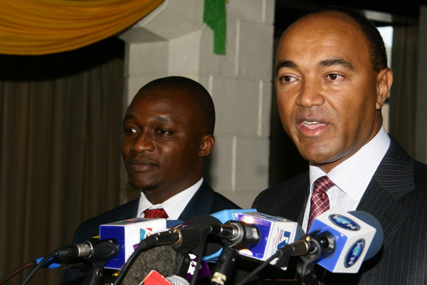 PHOTO | FILE Peter Kenneth (right) addressing a press conference in the past. Kenneth was among the presidential candidates in the March 2013 General Election won by Uhuru Kenyatta.