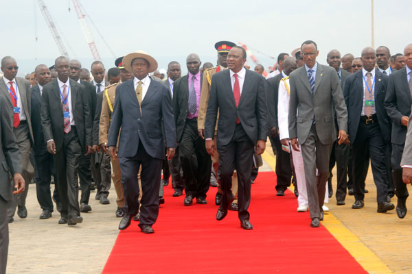 Presidents Yoweri Museveni [left],Uhuru Kenyatta, and Paul Kagame after commissioning of berth 19 within the port of Mombasa in this picture taken on 28 August 2013. PHOTO|LABAN WALLOGA