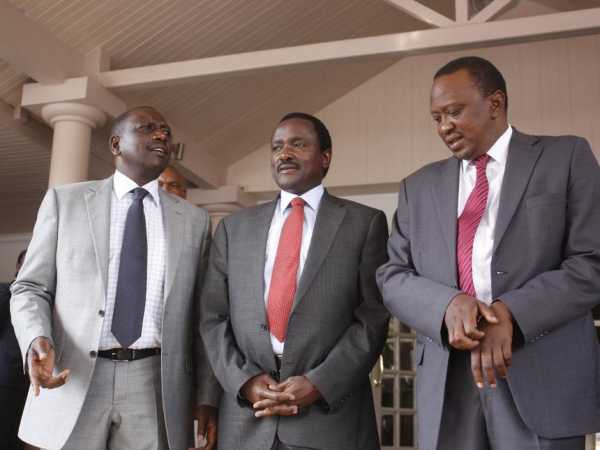 A file photo of Deputy President William Ruto, Wiper leader Kalonzo Musyoka and President Uhuru Kenyatta after a meeting at Norfolk hotel. /CHARLES KIMANI