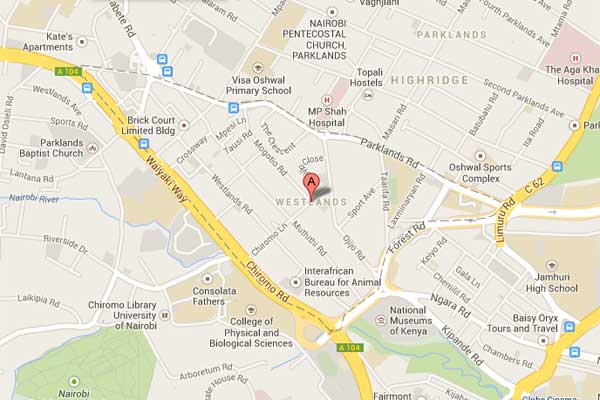 A map showing Westlands area of Nairobi. Photo/GOOGLEMAPS