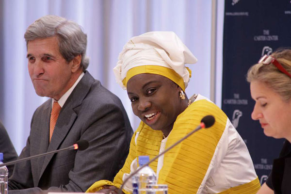 Carter Centre mission bosses John Kerry and Aminata Toure address the media at the Radisson Blu Hotel on August 10, 2017.