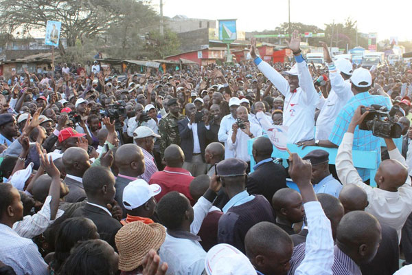 CORD leaders Raila Odinga and Kalonzo Musyoka in Tala market while they campaigned for Hon. Mutinda Mule, the Wiper candidate for the up coming Matungulu Constituency by-election. Calls for former Prime Minister Raila Odinga and former Vice-President Kalonzo Musyoka to retire from politics resurfaced Monday ahead of the publication of a Bill setting their send-off packages this week.  Photo/FILE
