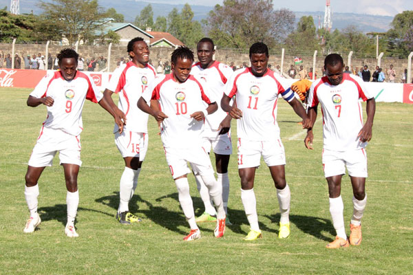 Harambee Stars players celebrate a goal against Zanzibar Heroes in a Cecafa Challenge Cup match at Afraha Stadium in Nakuru on December 3, 2013. Harambee Stars beat Sudan in the finals to lift the GOtv trophy Thursday evening. PHOTO | NATION