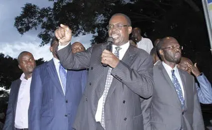 PHOTO | FILE Nairobi Governor Evans Kidero, ODM acting party leader Anyang’ Nyong’o (right) and party supporters after the Court of Appeal nullified his election. Dr Kidero was reinstated temporarily by Supreme Court.