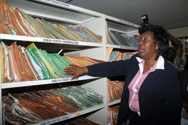 Lands Cabinet Secretary Charity Ngilu briefs the media on the re-opening of the Nairobi Central registries and Banking hall at Ardhi House in Nairobi on May 18, 2014. The minister said that more than one million files that had been missing or misplaced at the lands registry have been recovered in the two week reorganisation and audit at Ardhi House in Nairobi. PHOTO/SALATON NJAU