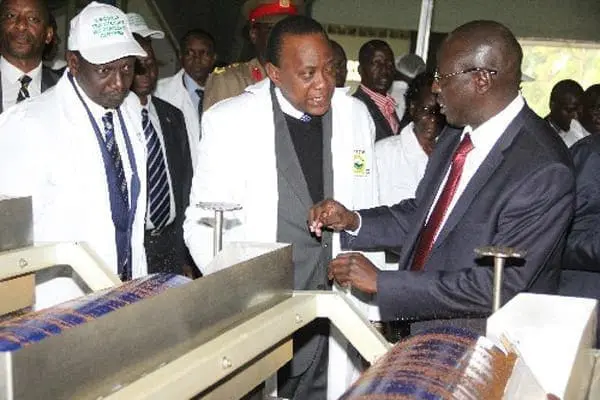 President Kenyatta (centre) and DP William Ruto (left) listen to Nyayo Tea Zones Managing Director, Peter Korir during the official opening of Kipchabo Tea Factory in Nandi County on July 11, 2014. The President said he was open to dialogue but warned opposition leader Raila Odinga to stop giving him conditions for talks. PHOTO/JARED NYATAYA