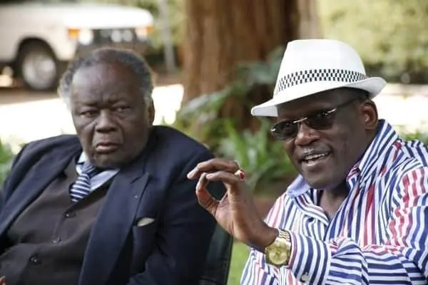 Machakos senator Johnstone Muthama (right) and his lawyer, Mr John Khaminwa address a press conference in his office in Nairobi on April 26, 2014. PHOTO | PHOEBE OKALL | FILE
