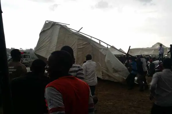 Strong winds, heavy rains, mud and a water-logged venue first delayed then disrupted the launch of public signature hunt by the Okoa Kenya Movement. PHOTO | AGGREY MUTAMBO