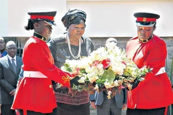 Mama Ngina Kenyatta lays a wreath at the mausoleum of founding President Mzee Jomo Kenyatta on August 22, 2014. PHOTO | JENNIFER MUIRURI |