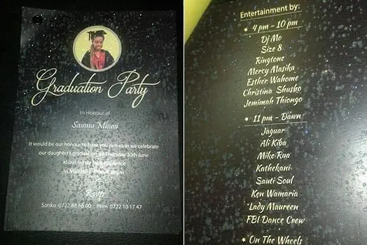 The invitation card to Saumu's graduation bash. PHOTO | COURTESY