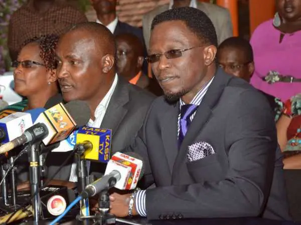 ODM chairman John Mbadi and former secretary general Ababu Namwamba address the media at Orange House on January 7 / HEZRON NJOROGE