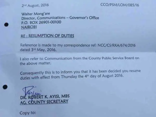 The letter by Nairobi secretary Robert Ayisi reinstating Walter Mong'are as county director of communication.