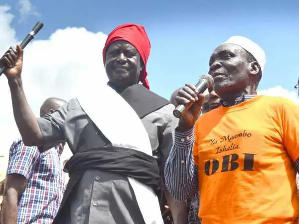 CORD leader Raila Odinga dressed as a Kaya elder at Ukunda in Msambweni constituency Kwale county yesterday. Photo/ Alloys Musyoka