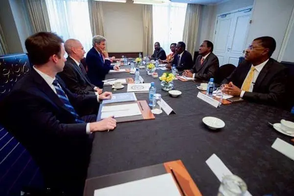 US Secretary of State John Kerry (back to camera centre) when he met Opposition chiefs led by Cord principal Raila Odinga in Nairobi on August 22, 2016. Mr Odinga was accompanied by his co-principals, Mr Kalonzo Musyoka and Mr Moses Wetang’ula, Amani Coalition leader Musalia Mudavadi and Narc Kenya’s Martha Karua. PHOTO | STATE DEPARTMENT