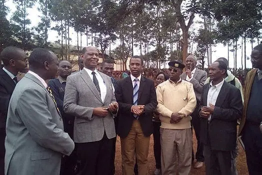 Moi University VC Richard Mibey addressing stakeholders during a site visit to the proposed location of Mama Ngina University College in Mutomo, Gatundu South. PHOTO | MARY WAMBUI