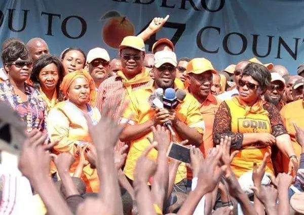 Mombasa Governor Hassan Joho leads other members of the Orange Democratic Movement in a public rally at Masinde Muliro grounds in Huruma on September 18, 2016. He led them in declaring party leader Raila Odinga the 2017 presidential race flagbearer. PHOTO | DENNIS ONSONGO | NATION MEDIA GROUP