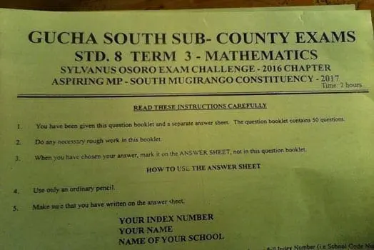Sylvanus Osoro Exam Challenge papers in Gucha South Sub-County.