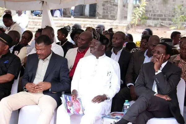 Cord principals Moses Wetang’ula, left, Raila Odinga (centre) and Kalonzo Musyoka during the burial of Ms Wavinya Ndeti’s husband in Machakos on Friday. PHOTO | FILE | NATION MEDIA GROUP