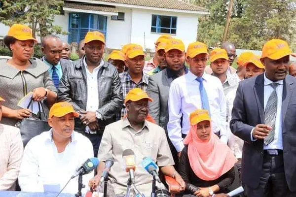Raila Odinga (centre), leader of the Orange Democratic Movement, at Orange House in Nairobi on October 5, 2016. PHOTO | JEFF ANGOTE | NATION MEDIA GROUP