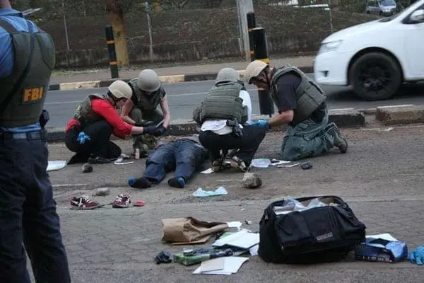 FBI detectives at the scene where a man was killed on October 27, 2016 after attempting to attack a GSU officer on duty at the US embassy in Nairobi. PHOTO | ANTHONY OMUYA | NATION MEDIA GROUP