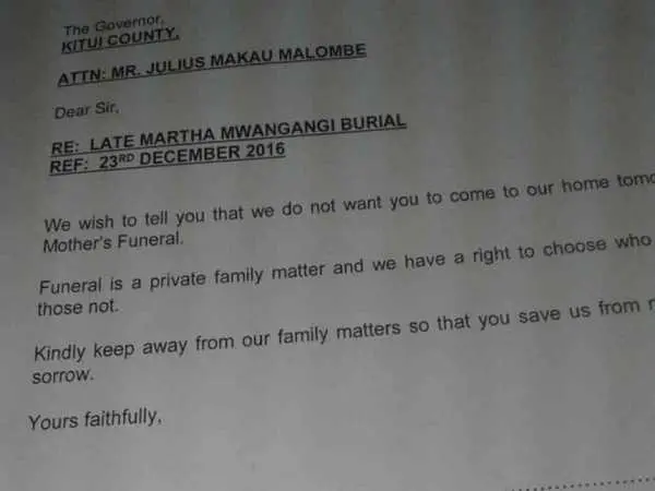Kitui Governor Forced to leave Kitui ex-mayor's burial after chaos 2 A section of the letter that the family of Kitui's former mayor Martha Mwangangi sent to Governor Julius Malombe, asking him not to attend her burial on December 22, 2016.