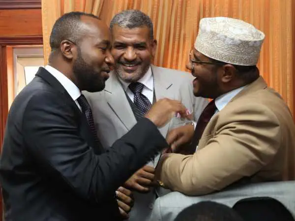 A file photo of Mombasa Governor Hassan Joho, Mvita MP Abdulswamad Shariff and Senator Hassan Omar following the county chief's appearance before the Senate Public Accounts Committee. /HEZRON NJOROGE