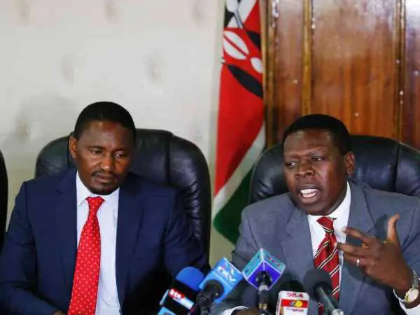 Devolution CS Mwangi Kiunjuri and Water CS Eugene Wamalwa at a meeting on drought and food security in arid and semi-arid counties on January 12 / JACK OWUOR