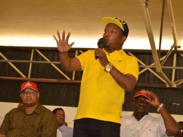 Nairobi Senator Mike Sonko addresses Jubilee supporters at Wild Waters in Mombasa, February 5, 2017. /JOHN CHESOLI