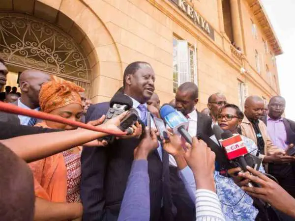 Raila joins striking doctors at Uhuru Park, demands Solution: Opposition leader Raila Odinga addresses journalists outside the Supreme Court in Nairobi following a ruling for the release of seven doctors' union officials from prison, February 15, 2017. /COURTESY