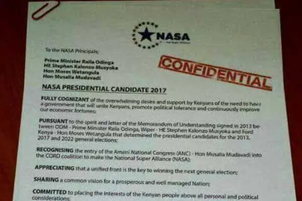 ODM terms document on Nasa flag bearer as fake, blames Jubilee 1 The document purportedly written by