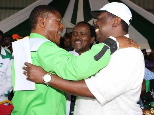 NASA principals Moses Wetang'ula (Ford-K), Musalia Mudavadi (ANC), and Kalonzo Musyoka (Wiper) during a past rally at Bomet. /KEN ANDIEMA