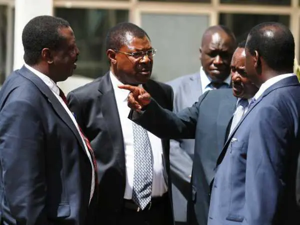 It looks bad but what if NASA chose Mudavadi as flagbearer: NASA luminaries Raila Odinga, Kalonzo Musyoka, Moses Wetangula and Musalia Mudavadi after their meeting with IEBC Commissioners during their meeting at the Capital Hill on February 8, 2017. Photo/Jack Owuor
