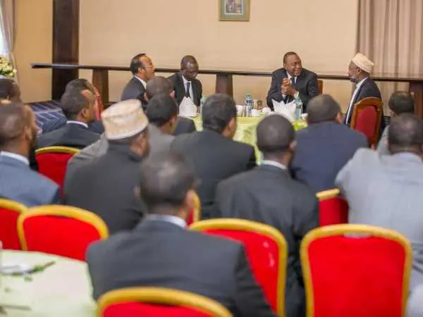 Three Wajir MPs, 15 MCAs ditch ODM for Uhuru's Jubilee Party: President Uhuru Kenyatta and DP William Ruto when they received 3 Wajir MPs, 15 MCAs who defected from ODM to Jubilee on Monday, March 6, 2017. /PSCU