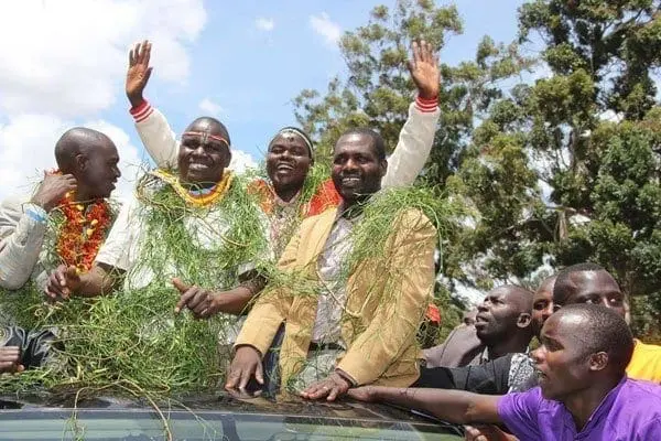 Uhuru, Raila allies kicked out in Jubilee, ODM polls 1 Mr William Chepkut (centre), who won the Jubilee ticket for Ainabkoi parliamentary seat, celebrates with supporters on April 26, 2017. PHOTO | JARED NYATAYA | NATION MEDIA GROUP