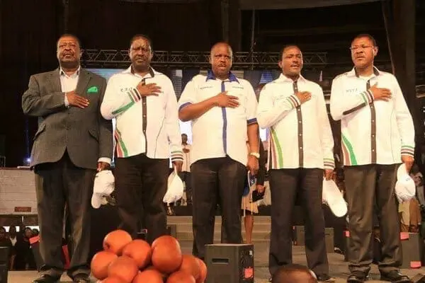 Nasa Principals from left: Musalia Mudavadi, Raila Odinga , Isaac Ruto, Kalonzo Musyoka, and Moses Wetang'ula, at Bomas of Kenya on April 20, 2017. They will announce the alliance's flag bearer on Thursday next week. PHOTO | JEFF ANGOTE | NATION MEDIA GROUP