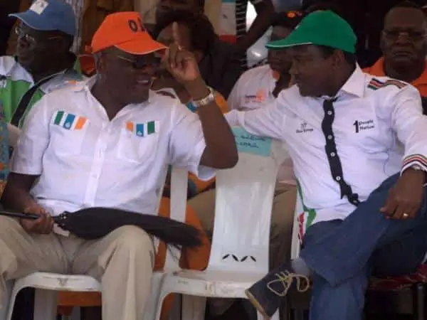 Machakos county senator Johnston Muthama with his wiper party leader Kalonzo Musyoka at a cord rally at the Kamkunji ground on April 23.Photo/Enos Teche.