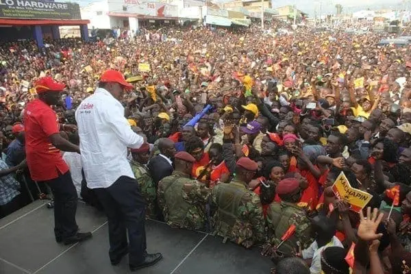 President Uhuru Kenyatta second and his Deputy William Ruto during Jubilee Party rally at Makutano in Kapenguria, West Pokot County on June 13, 2017. PHOTO | JARED NYATAYA | NATION MEDIA GROUP