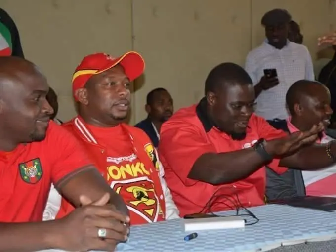 Nairobi senator Mike Sonko and senatorial aspirant Johnson Sakaja at the All African Churches Conference hall, Nairobi, where they were endorsed by members from the Luhya community to vie for Nairobi governor seat and senator seat respectively at the August 8 elections, Saturday, July 29. /COURTESY