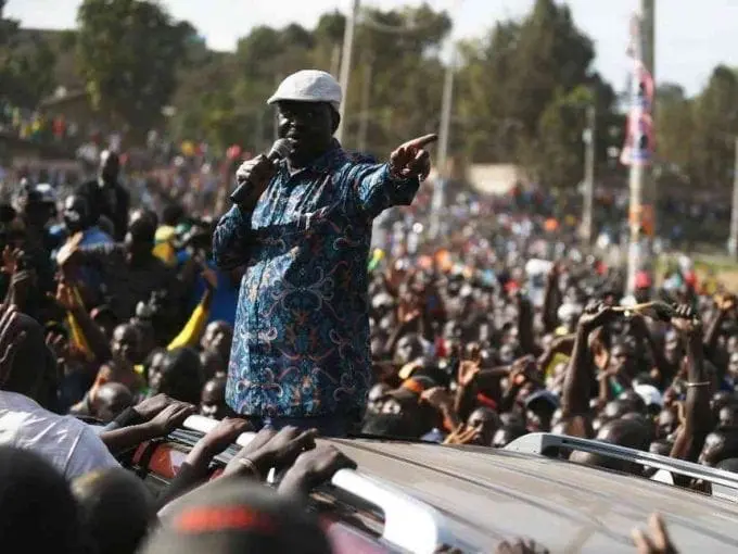NASA chief Raila Odinga addresses supporters in Nairobi's Mathare slums, August 13, 2017. /JACK OWUOR