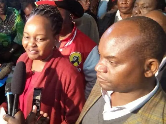 Kirinyaga governor elect Anne Waiguru and deputy governor-elect Peter Ndambiri address the media after she was declared the winner of Kirinyaga seat, August 11, 2017. /GEOFFREY KIBISU