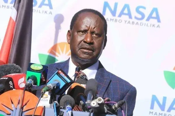 Nasa leader Raila Odinga addresses the media at Okoa Kenya