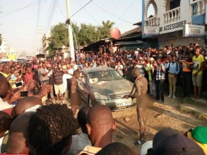 The two suspected car thieves outside Yeshua Clinic in Bamburi, Mombasa, September 6, 2017. /BRIAN OTIENO