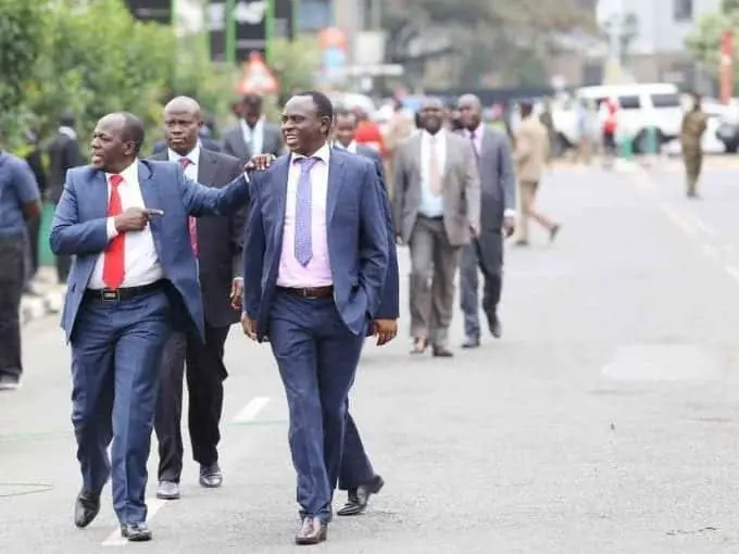 Juja MP Francis Waititu and his Machakos Town counterpart Victor Munyaka walk along Parliament Road to the opening of the 12th Parliament, September 12,2017. / HEZRON NJOROGE