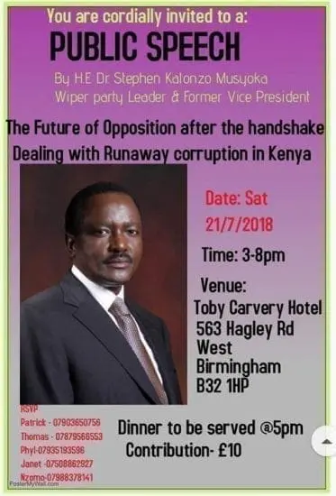 Kalonzo Musyoka to give public speech in Birmingham UK
