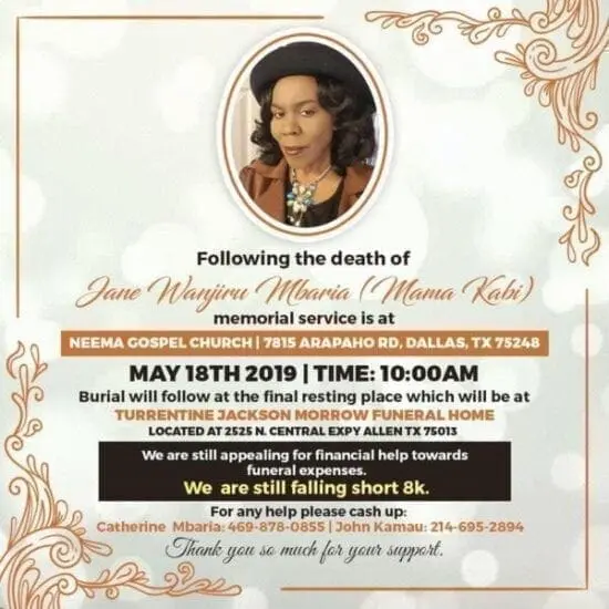 Funeral and Memorial Service for Jane Wanjiru Mbaria of Dallas TX