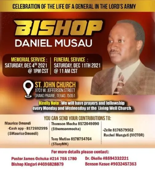 Memorial and Funeral Service For Bishop Daniel Musau Of Arlington, Texas