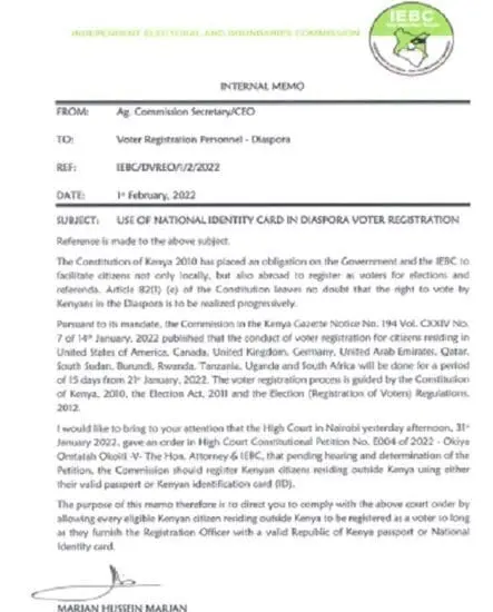 IEBC Okays use of National Identity Card in Diaspora Voter Registration 2 IEBC Memo