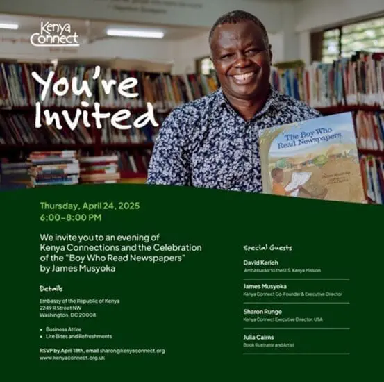 Invitation for James Musyoka's book Launch at Kenya Embassy DC